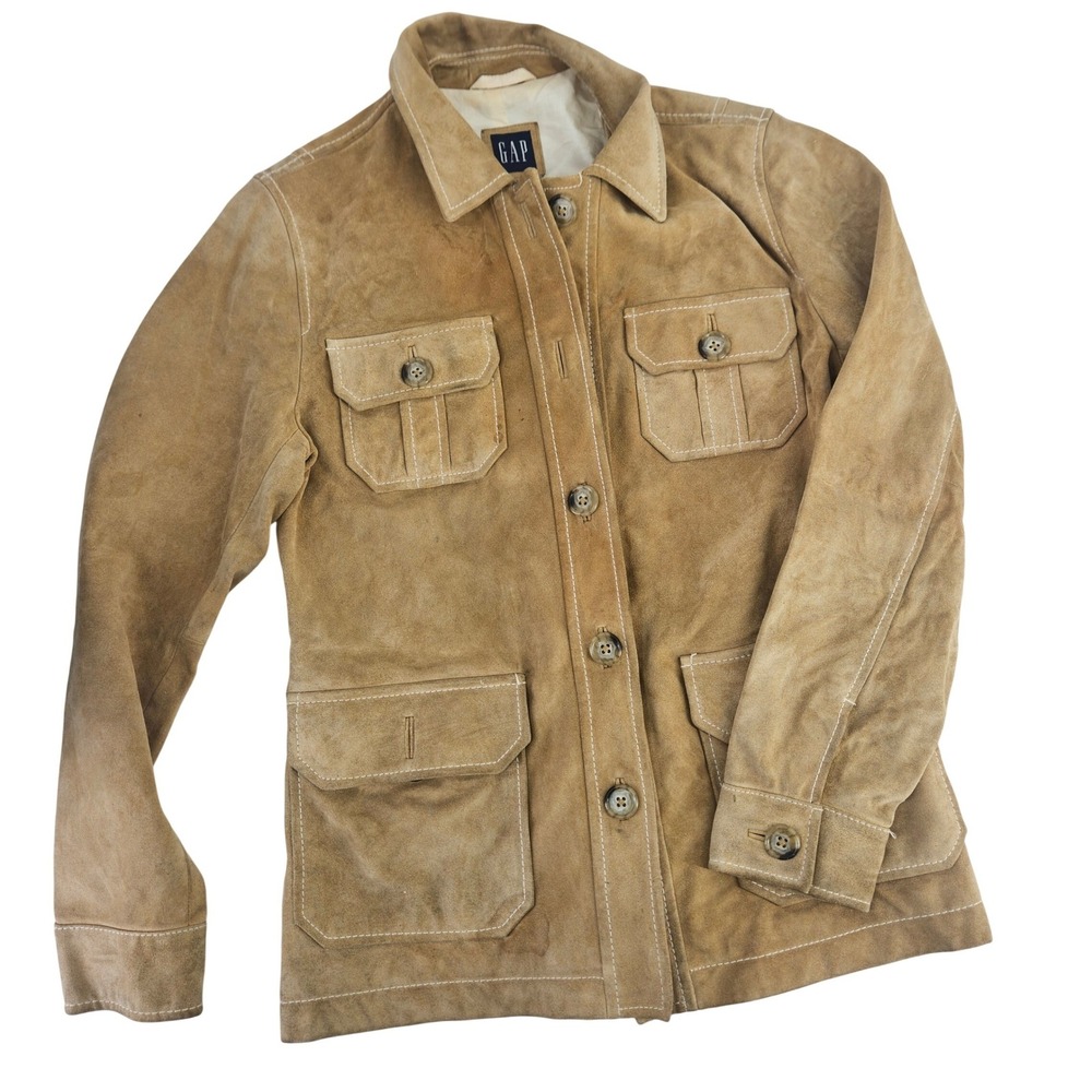 GAP Tan Suede Leather Safari Jacket Utility Boho Button Front Pocket Coat Small